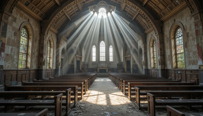 Fototapeta premium Dust particles dance in the sunlight streaming through stained glass windows in an abandoned chapel, emphasizing the beauty of the derelict yet serene space