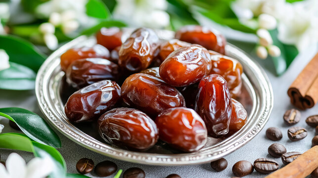 A plate of dates surrounded by coffee beans, cinnamon sticks, and green leaves, evoking a warm, earthy vibe.