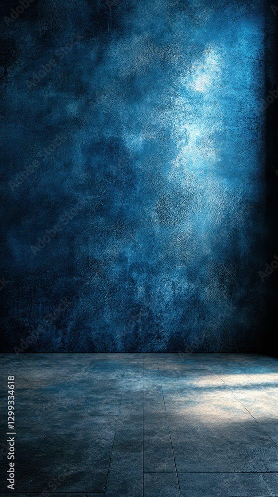Poster mysterious blue wall with light reflections in an empty space creating a dramatic atmosphere at dusk