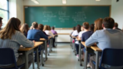 Fototapeta premium A blurred classroom with students sitting at desks facing a blackboard. Concept of education and academic learning.