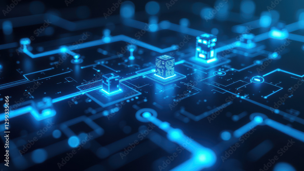 Poster a close-up of a modern server motherboard with glowing blue led lights representing data processing 