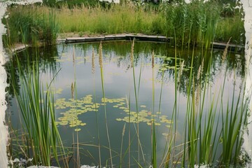 Obraz premium A serene pond surrounded by tall reeds and grasses, with a calm reflection on the water, Serene pond surrounded by tall reeds and grasses