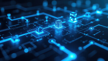 Obraz premium A close-up of a modern server motherboard with glowing blue LED lights representing data processing through various components like CPUs, GPUs, and RAM.