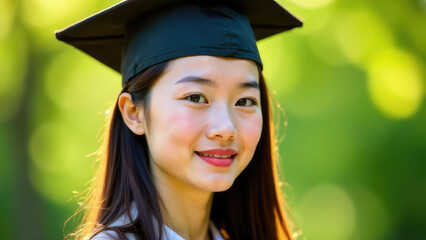 A close-up of a smiling Asian woman wearing a graduation cap with a blurred green background. Concept of academic achievement and youthful potential.