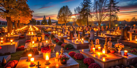 Candles illuminate gravestones in a serene cemetery at dusk, surrounded by colorful flowers. A breathtaking sunset casts warm hues, creating a peaceful atmosphere
