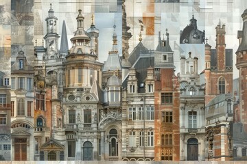 Obraz premium A photo collage of various European buildings, showcasing different architectural styles, Collage-like compositions combining elements of various architectural styles and eras