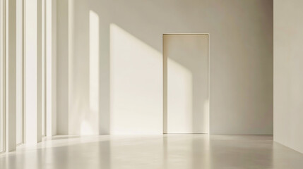 Empty white room interior with a closed door, minimalist design, and neutral tones