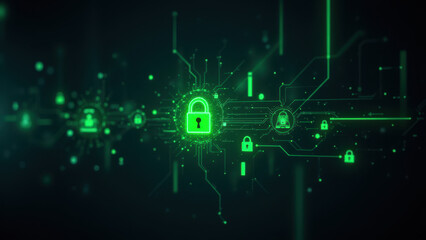 Fototapeta premium The image showcases a futuristic representation of artificial general intelligence with circuit-like elements and green digital lock icons, symbolizing data security within AI systems.