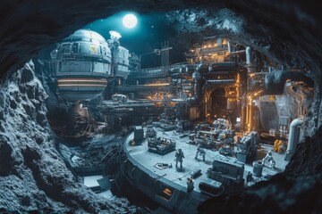 Fototapeta premium space colony inside an asteroid, showcasing futuristic architecture, various spacecrafts docked, and inhabitants in spacesuits