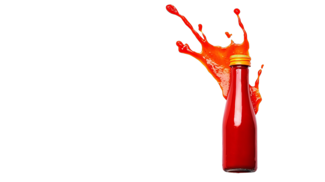Red sauce bottle with vibrant splash, dynamic food photography on white background, energy and flavor concept
