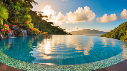Obraz premium Experience serenity at this tropical resort with its infinity pool, waterfalls and stunning views.