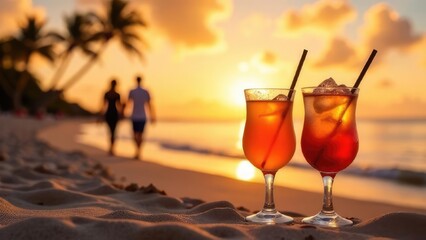 Two tropical cocktails stand on a beach at sunset with a couple walking in the background.
Concept of: Evening bliss.