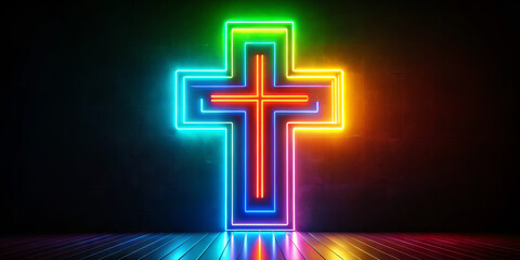 Colorful neon cross radiates vibrant light in a dimly lit area, creating an inviting and warm atmosphere for a religious event or community gathering at night