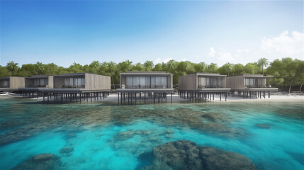 Obraz premium Modern overwater villas built on stilts above crystal-clear turquoise water, with lush tropical trees onshore. Concept of luxury travel and exclusive beach vacations.
