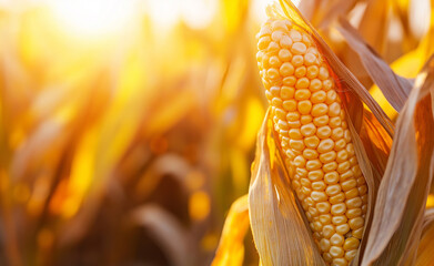 A close-up of a ripe ear of corn in a field with warm sunlight in the background.