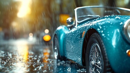 Classic car in the rain with droplets on its body and soft sunset light reflections. Generative AI