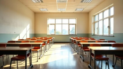 An empty classroom with rows of desks and chairs bathed in sunlight. Concept of: Learning environment.