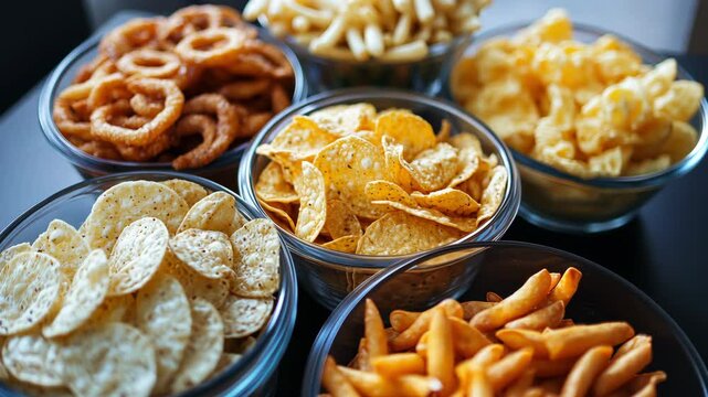 A close-up of various snack foods in glass bowls, including chips, pretzels, and crunchy snacks, arranged on a dark table.
