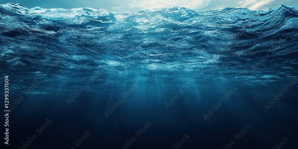 Poster deep blue ocean water illuminated by sunlight filtering through the surface creating a serene underw