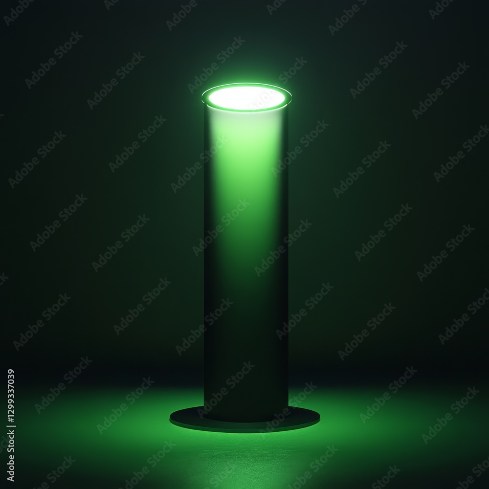 Poster a cylinder lit by eerie green glow: a study in minimalist lighting and abstract forms, creating a dr