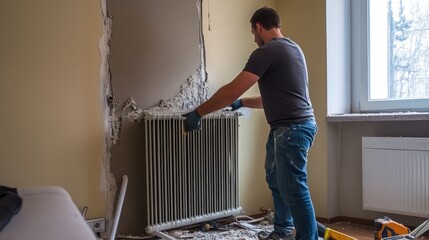 A worker applies plaster around a radiator in a room under renovation, with tools and materials scattered on the floor