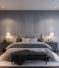 Modern bedroom interior, cozy ambiance, elegant design, perfect for relaxation and display