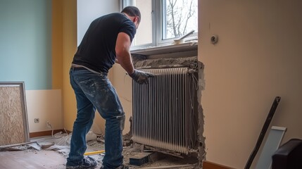 A worker applies plaster around a radiator in a room under renovation, with tools and materials scattered on the floor