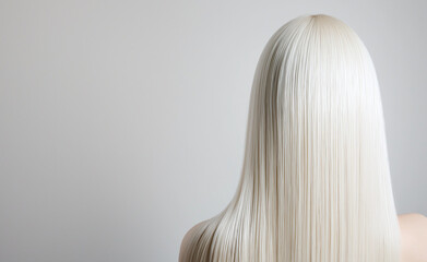 Naklejka premium A mannequin head with long, straight, platinum blonde hair, viewed from the side.