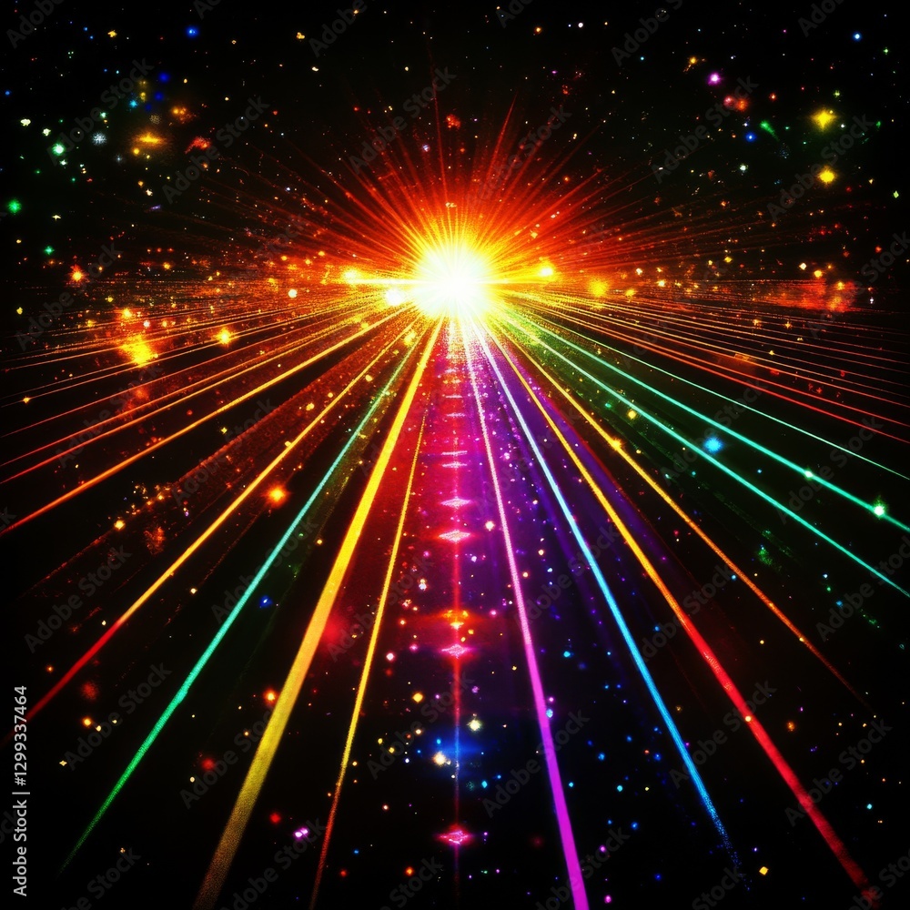 Poster cosmic light burst: a vibrant explosion of colorful rays emanating from a central point, scattered s