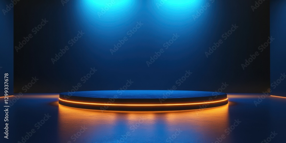 Aufkleber stage with blue lighting and illuminated circular platform in an empty space for performances and ev