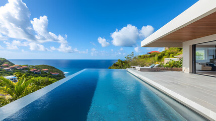 Fototapeta premium White modern luxury villa with an infinity pool and swimming pool on the hill overlooking the tropical beach