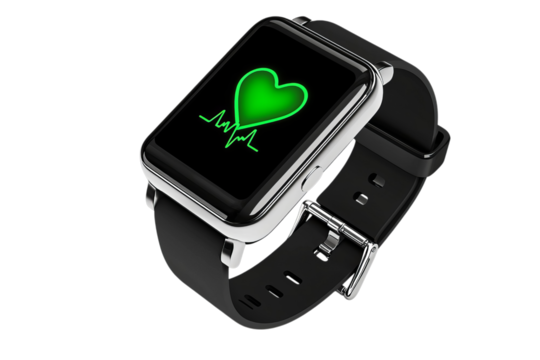 Sleek smartwatch with heart rate monitor display featuring bright green heart icon and pulse line on black background