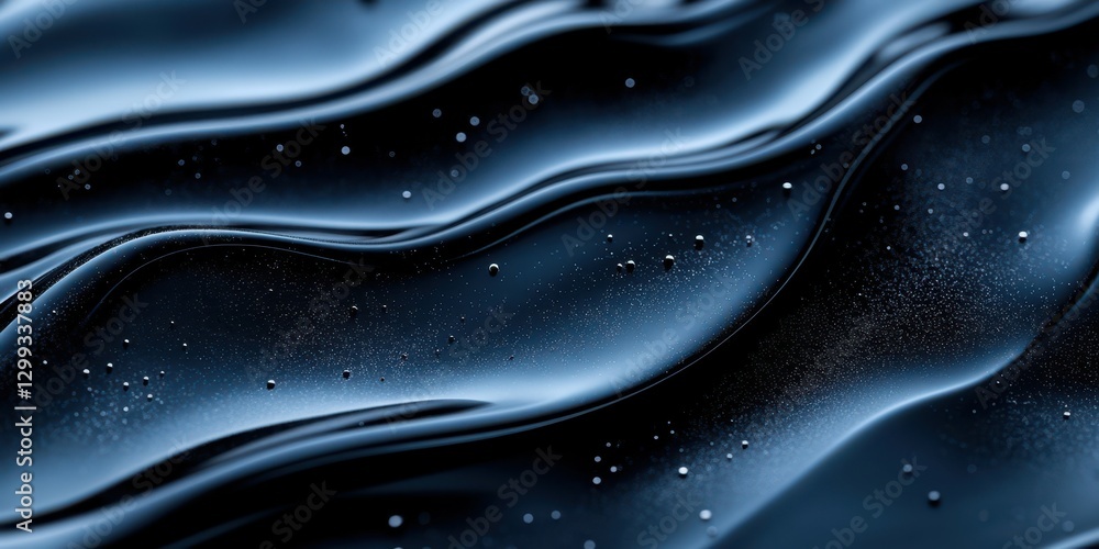 Poster black liquid texture with ripples and reflections, creating a calming and smooth appearance in a dar