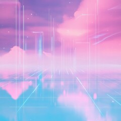 Fototapeta premium Ethereal Vaporwave Horizon: A Nostalgic Journey Through Dreamy Clouds and Geometric Visions of Synthwave Cyberpunk Aesthetics.