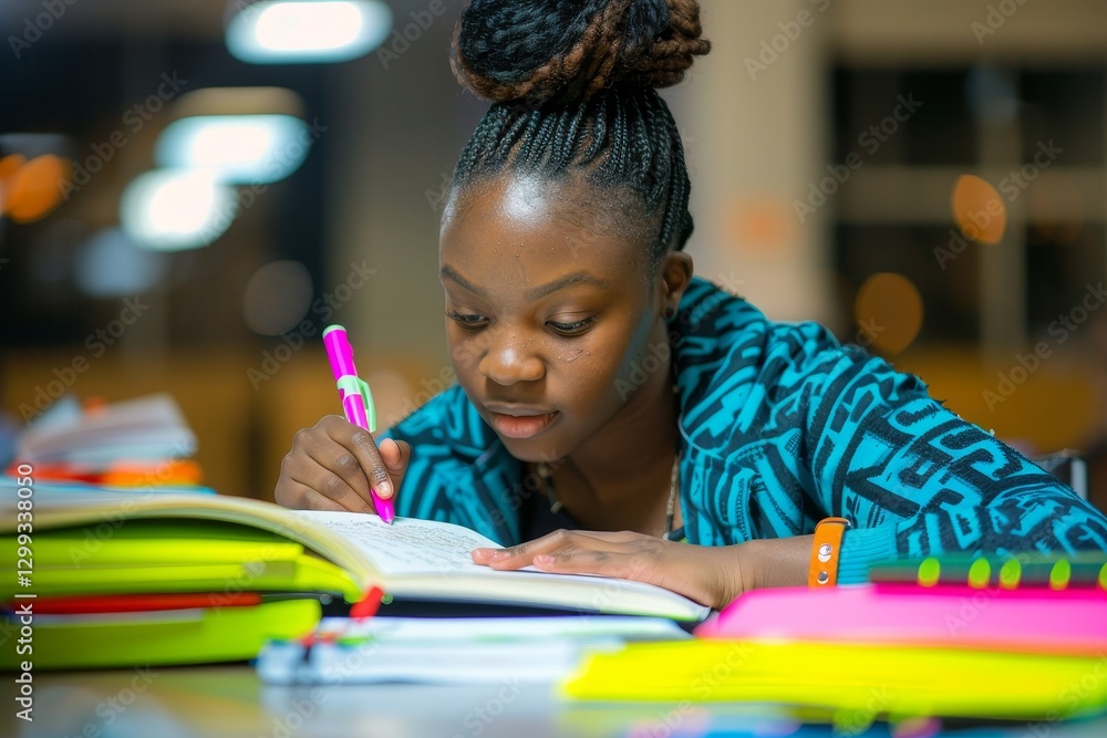 Poster a student diligently takes notes in a library setting, a student diligently taking notes while surro