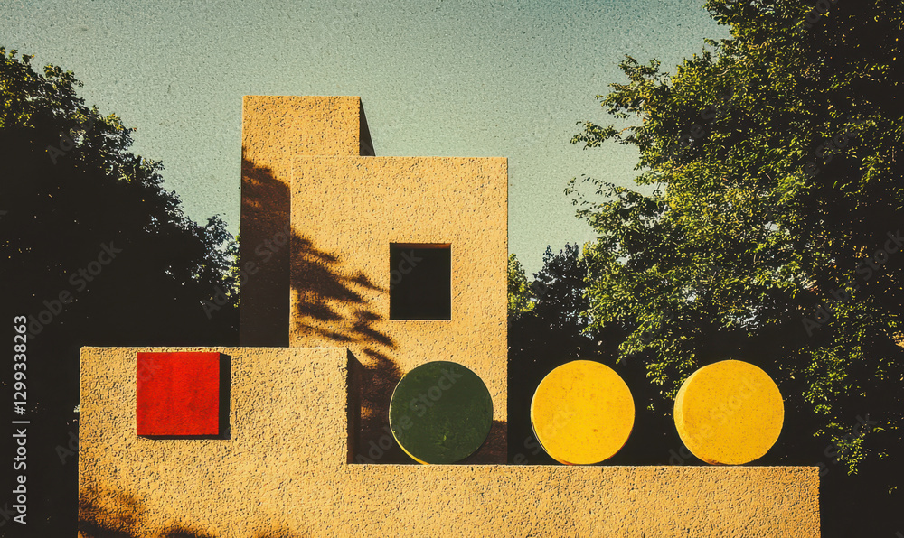 Aufkleber exploring a vibrant architectural structure with bold colors and geometric shapes in a serene outdoo