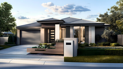 A modern home with a sliding gate and wall, featuring light grey metal and wood slats on the side