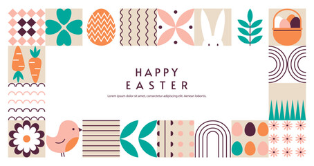 Easter geometric horizontal background. Rabbit and basket with eggs. Flowers, plants, line. Decorative trendy elements. Minimalist style. Card, banner design, poster. Vector illustration.