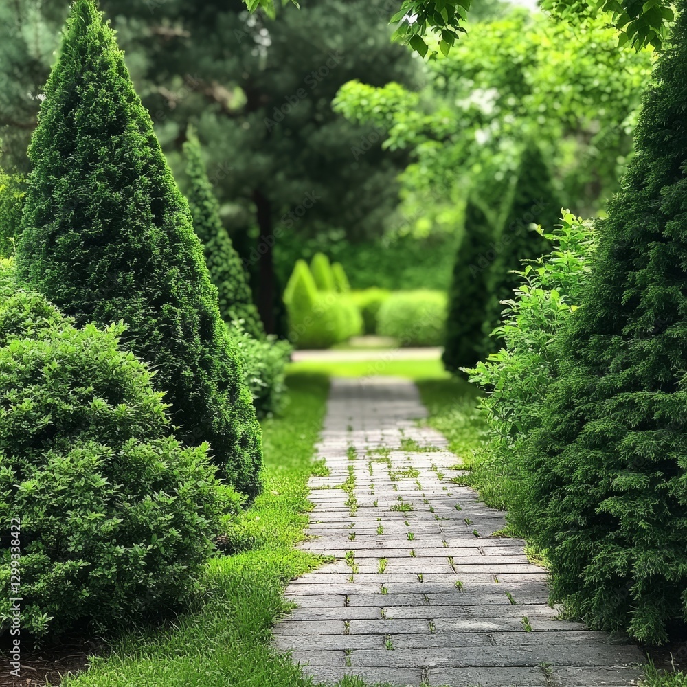 Aufkleber pathway through a lush green garden with manicured trees and stone pavers inviting serenity and expl