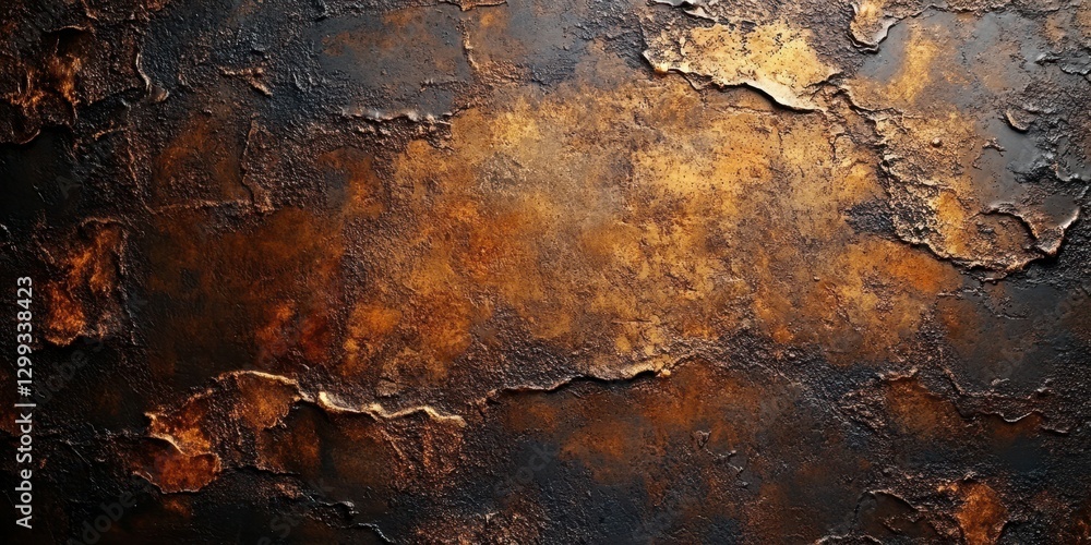 Poster textured surface with layers of rust and metallic sheen in warm tones viewed in natural light