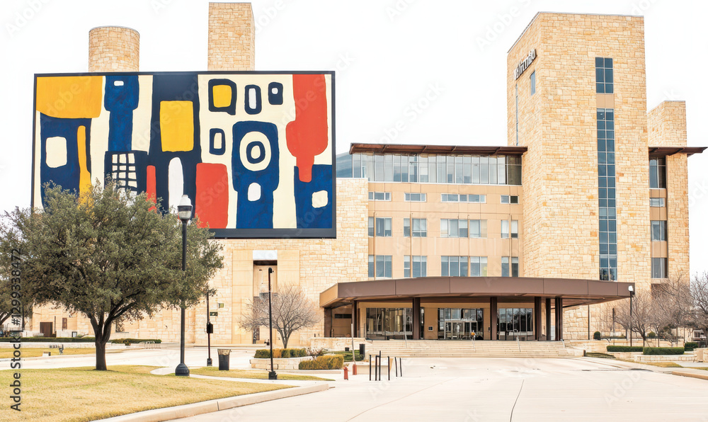 Poster a captivating blend of modern architecture and art display in a vibrant urban setting