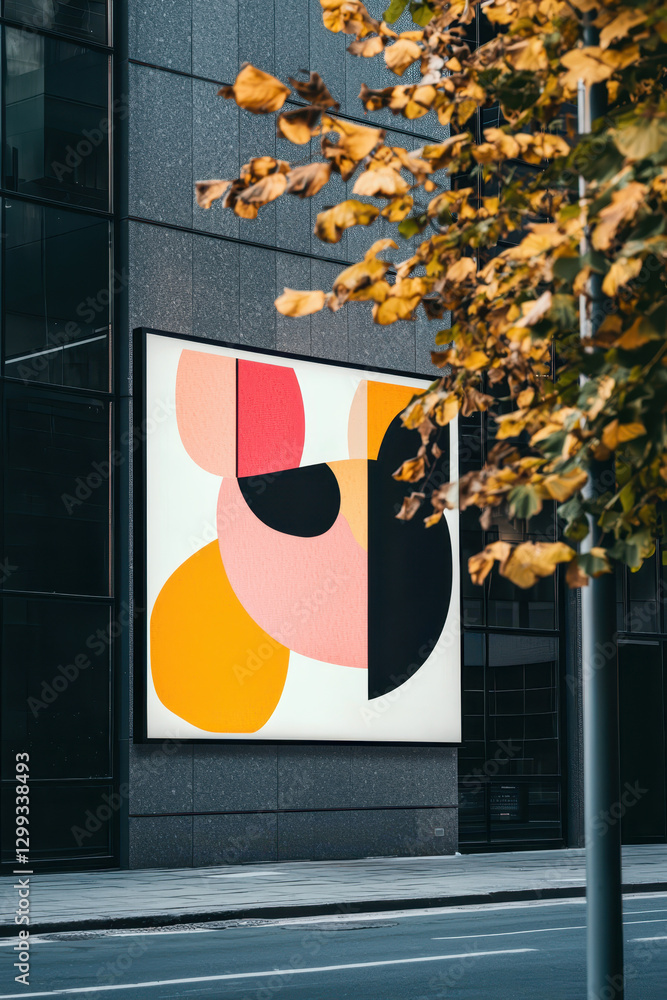 Poster vibrant abstract art installation on modern architecture: a visual dialogue of colors and forms in a