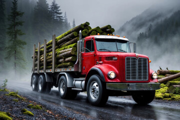 A bright red logging truck carries moss-covered timber down a forest road on a misty morning.