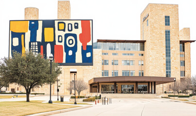 A Captivating Blend of Modern Architecture and Art Display in a Vibrant Urban Setting