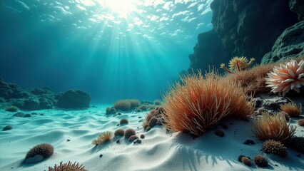 Sunlight streaming through clear water on a coral reef affected by bleaching	