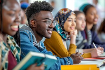 A group of students from diverse backgrounds sit at desks in a classroom, attentively listening to their instructor, A group of diverse students sitting at desks, engaged in learning