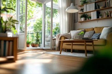 Cozy living room with yellow sofa, wooden coffee table, and open balcony doors overlooking greenery in bright natural light