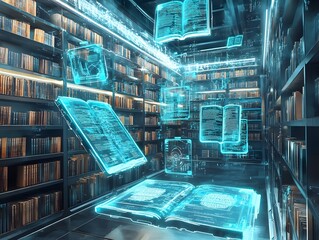 Futuristic Digital Library with Holographic Book Displays and Glowing Data Visualization
