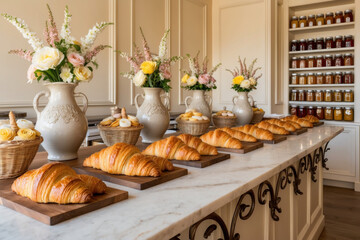 An array of golden croissants and floral artistry create a visually stunning and appetizing buffet scene.