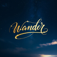 Wander glowing golden calligraphy with twinkling stars night sky aesthetic travel typography inspiration design